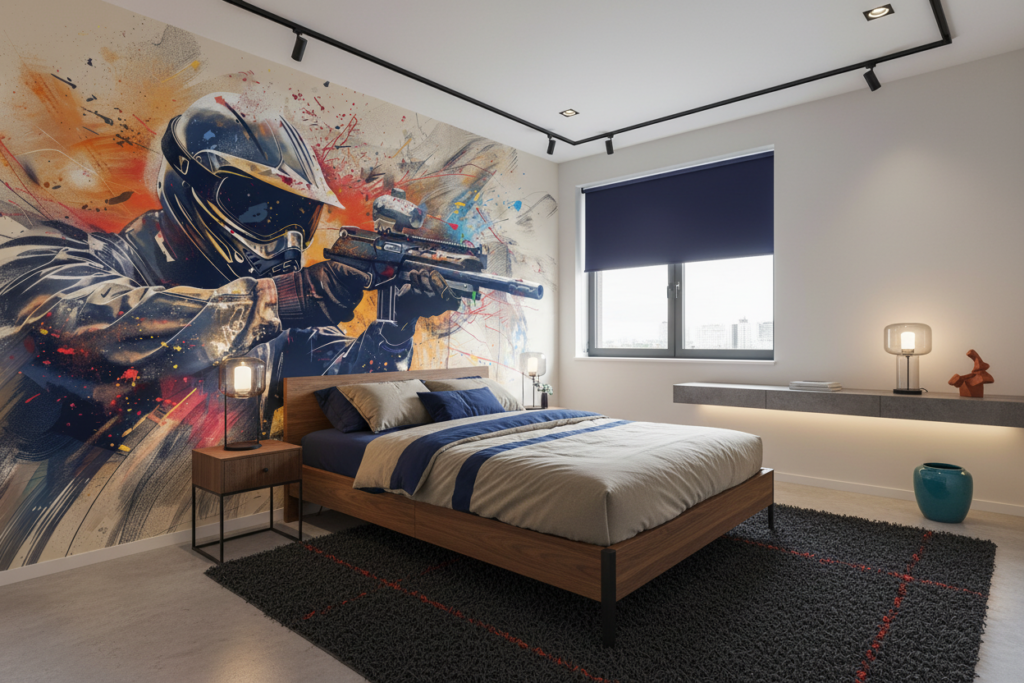 Papier Peint Soldat Futuriste Combat Abstrait Explosions Colorées - Chambre ado