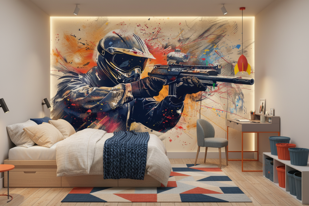 Papier Peint Soldat Futuriste Combat Abstrait Explosions Colorées - Chambre enfant