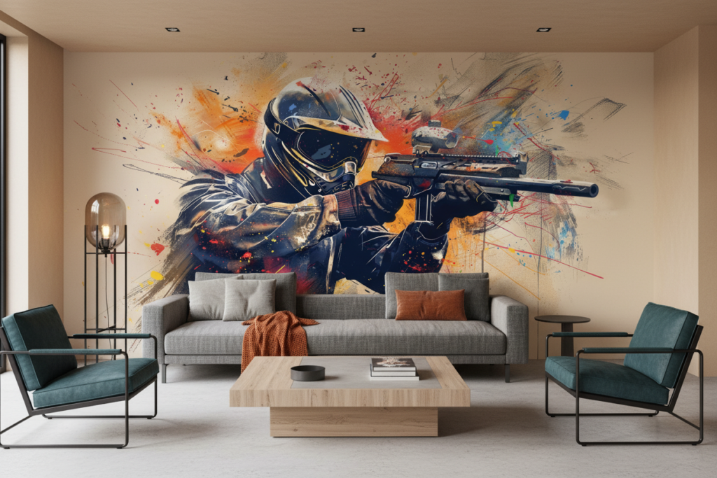 Papier Peint Soldat Futuriste Combat Abstrait Explosions Colorées - Salon / Séjour