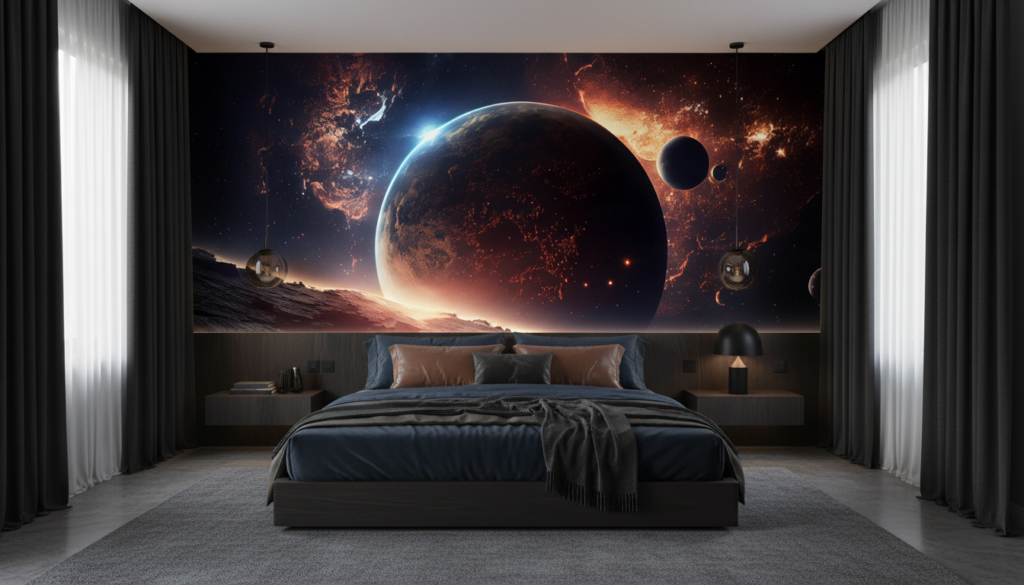 Papier Peint Spatial Planètes et Galaxies Vue Cosmique Fantastique - Chambre adulte
