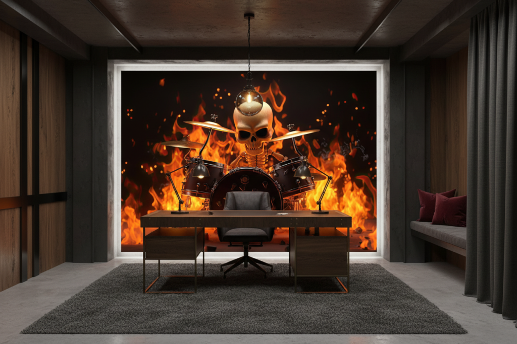 Papier Peint Squelette Batteur Rock dans les Flammes Infernales - Bureau