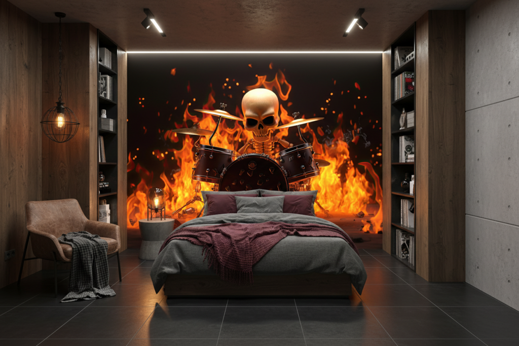 Papier Peint Squelette Batteur Rock dans les Flammes Infernales - Chambre ado