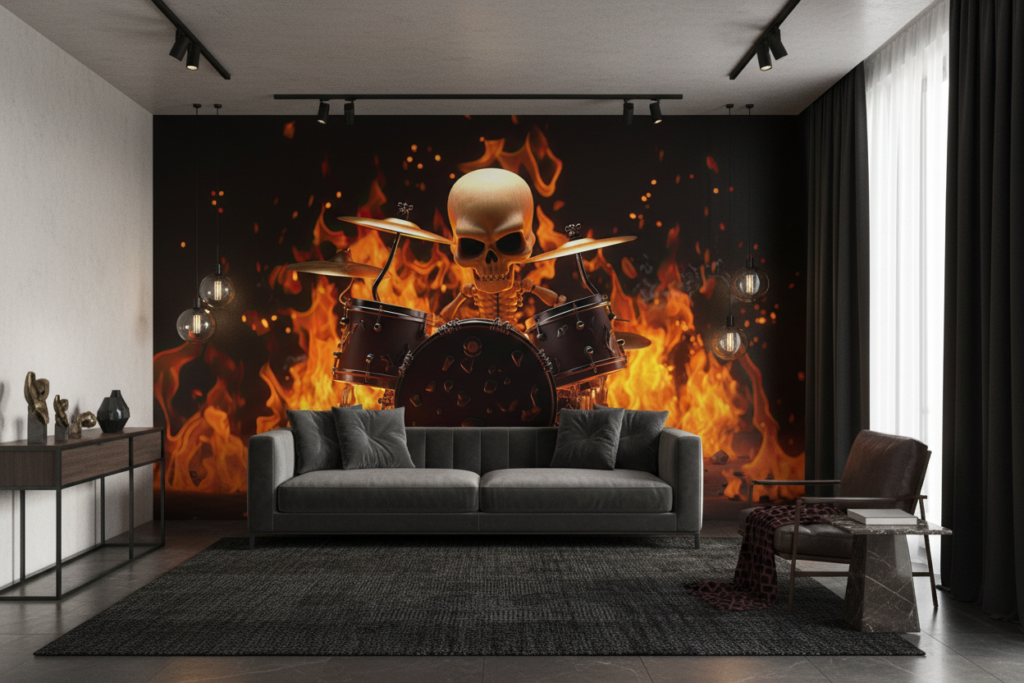 Papier Peint Squelette Batteur Rock dans les Flammes Infernales - Salon / Séjour