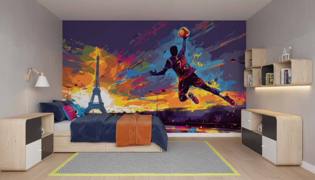 Papier Peint Street Art Basketball Paris Coloré Dynamique - Chambre enfant