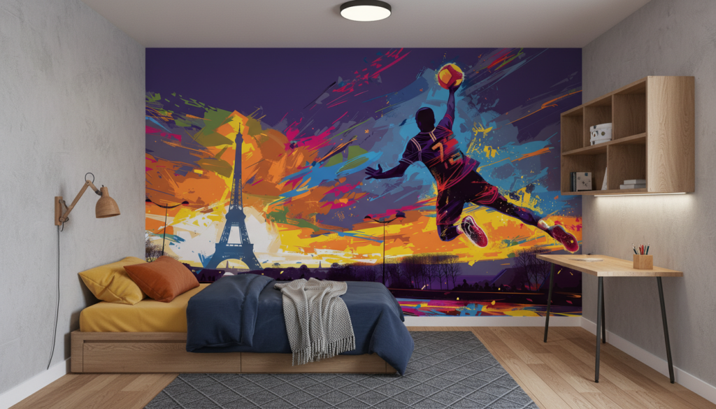 Papier Peint Street Art Basketball Paris Coloré Dynamique - Chambre enfant