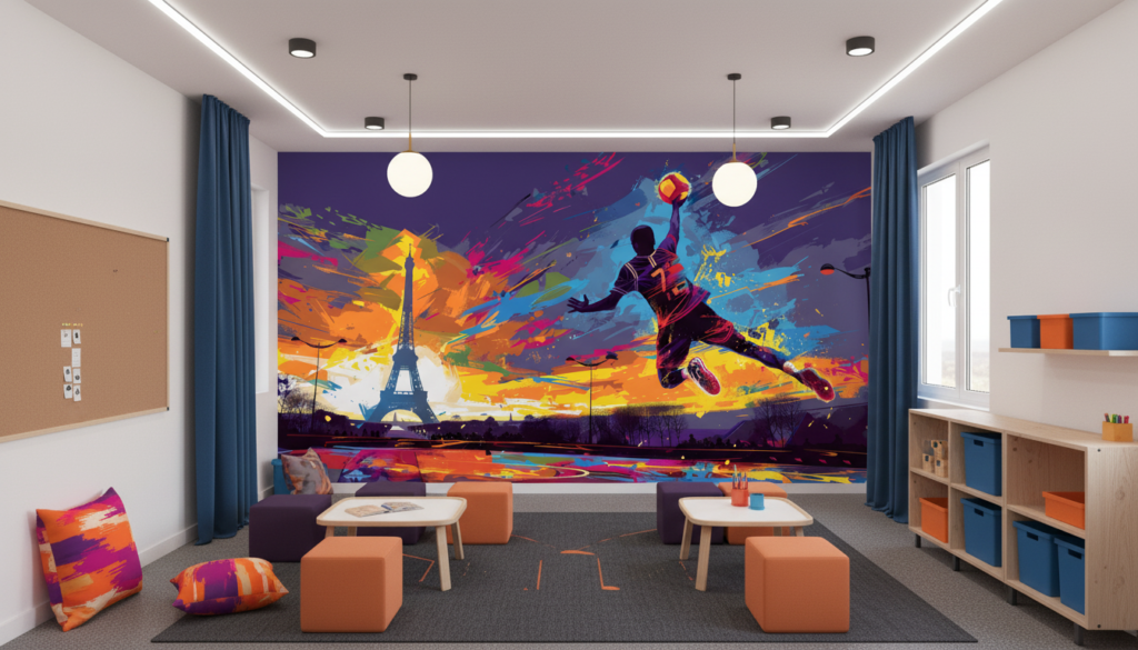 Papier Peint Street Art Basketball Paris Coloré Dynamique - Espace enfant (pro)