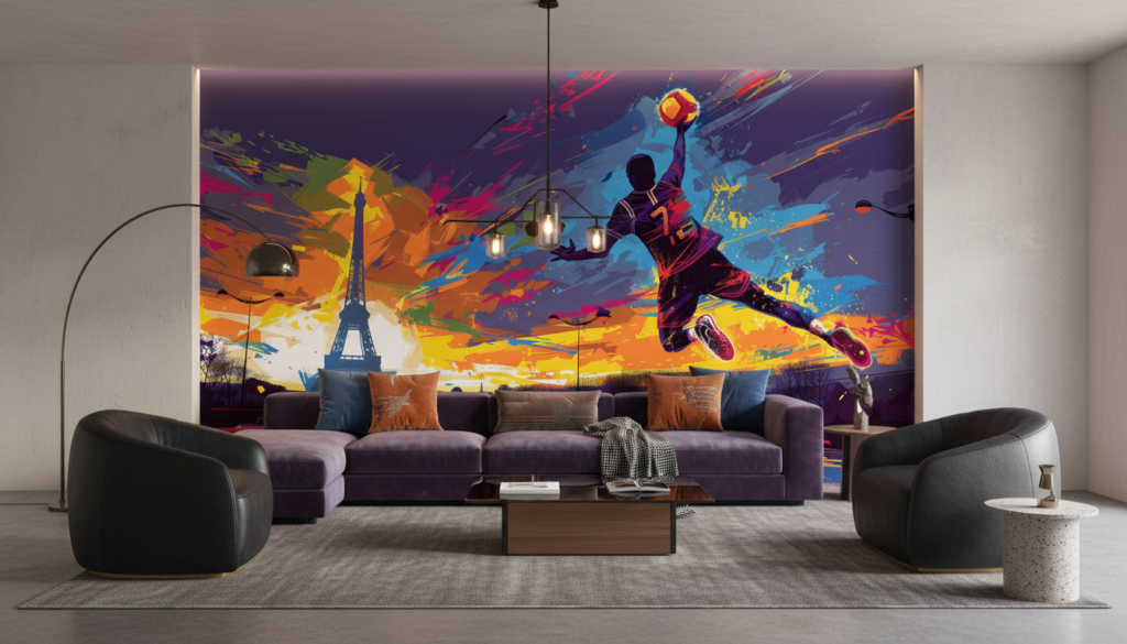 Papier Peint Street Art Basketball Paris Coloré Dynamique - Salon / Séjour