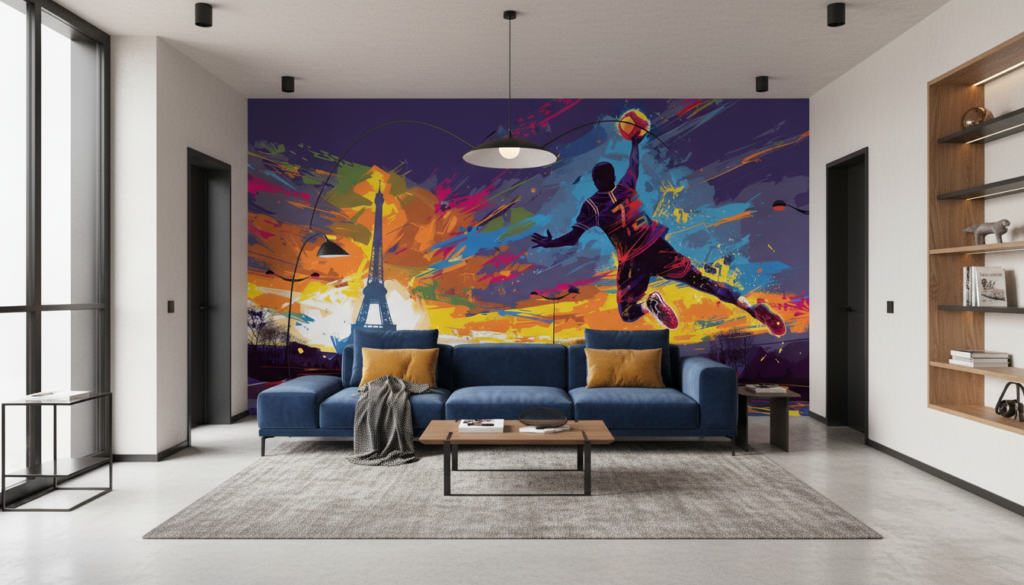 Papier Peint Street Art Basketball Paris Coloré Dynamique - Salon / Séjour