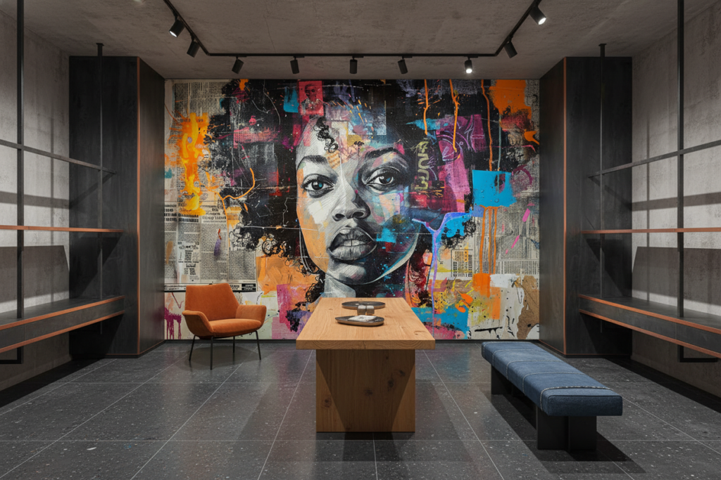 Papier Peint Street Art Portrait Féminin Collage Urbain Multicolore - Boutique