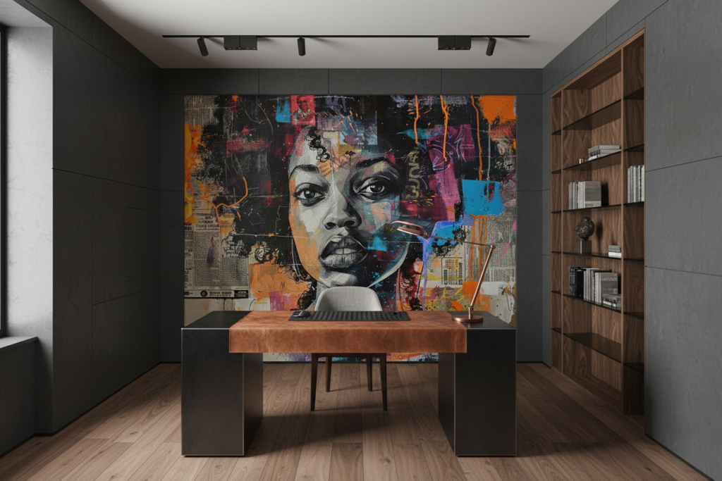 Papier Peint Street Art Portrait Féminin Collage Urbain Multicolore - Bureau