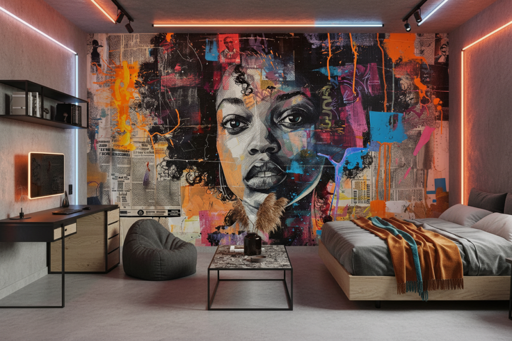 Papier Peint Street Art Portrait Féminin Collage Urbain Multicolore - Chambre ado