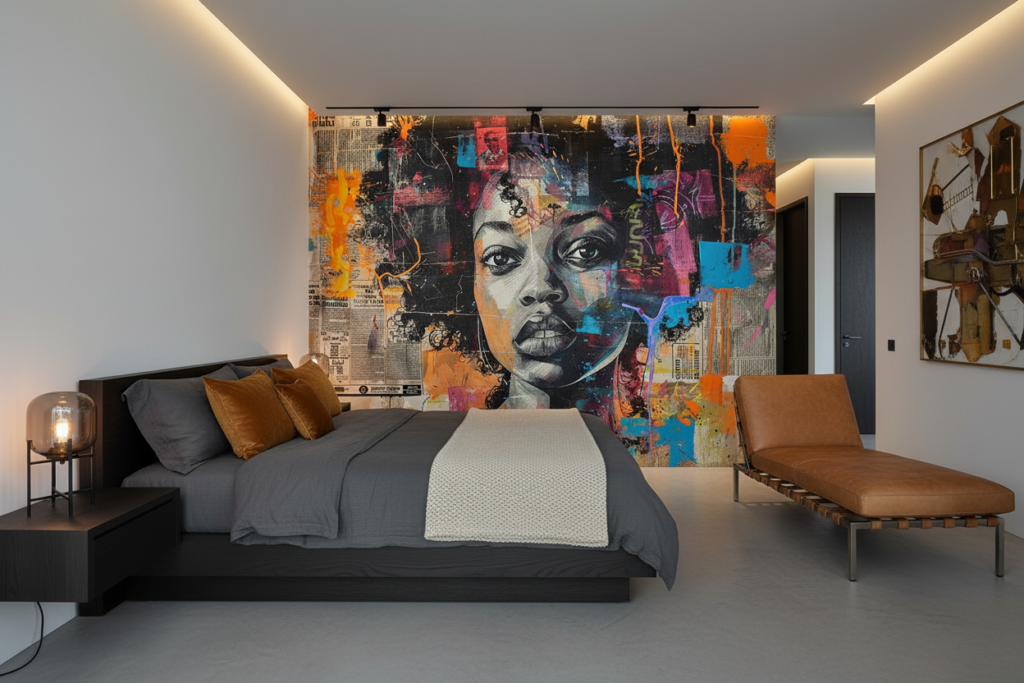 Papier Peint Street Art Portrait Féminin Collage Urbain Multicolore - Chambre adulte