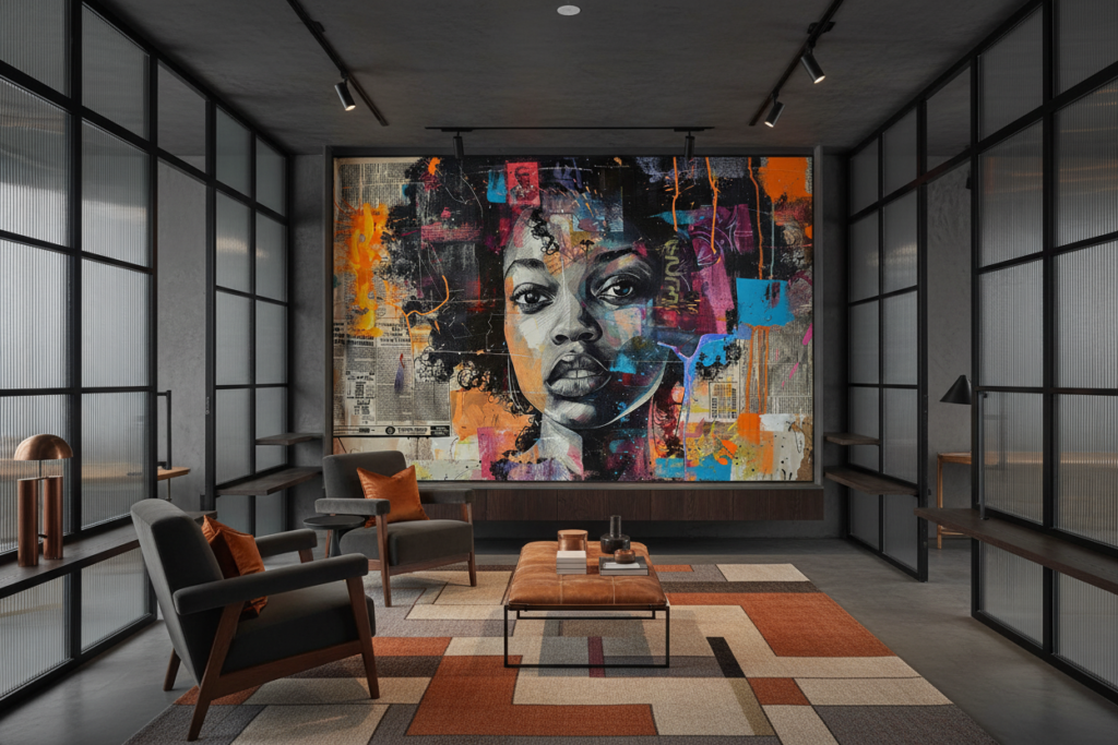 Papier Peint Street Art Portrait Féminin Collage Urbain Multicolore - Hôtel