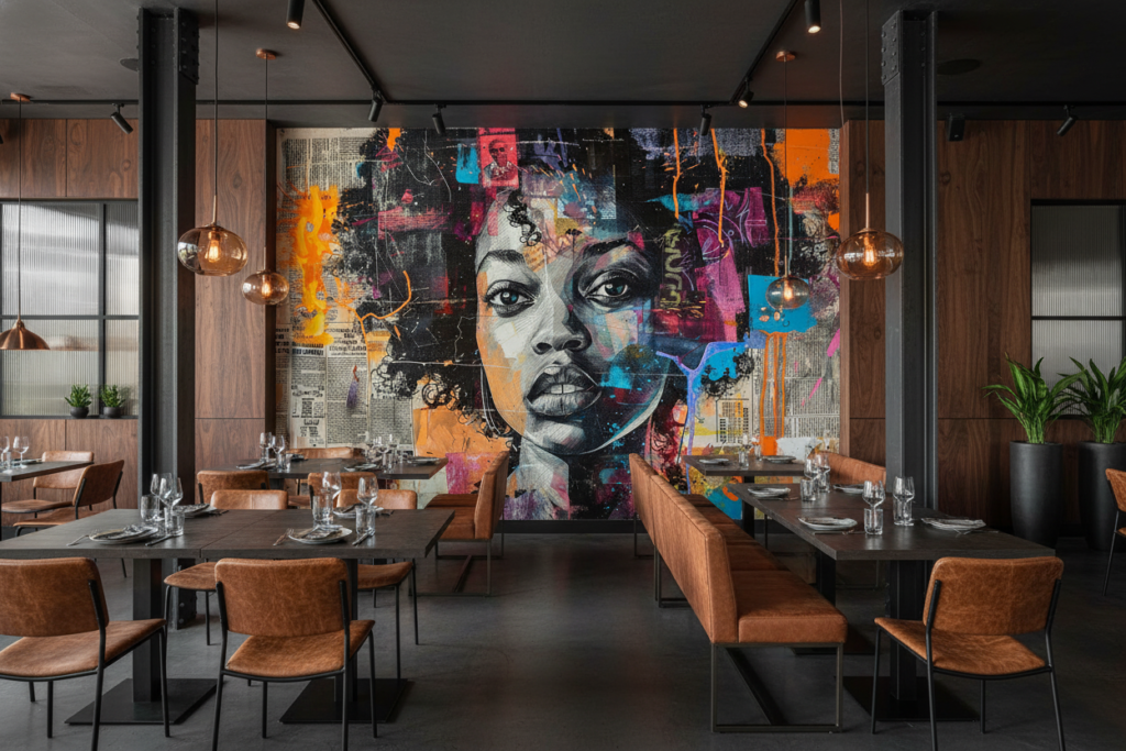 Papier Peint Street Art Portrait Féminin Collage Urbain Multicolore - Restaurant