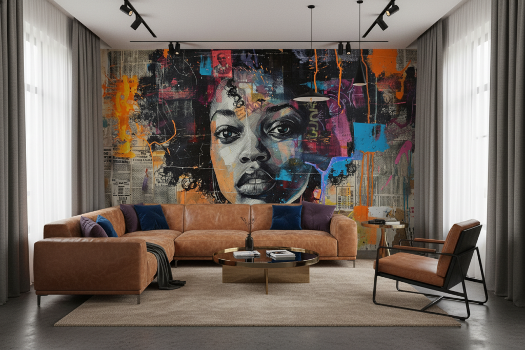 Papier Peint Street Art Portrait Féminin Collage Urbain Multicolore - Salon / Séjour