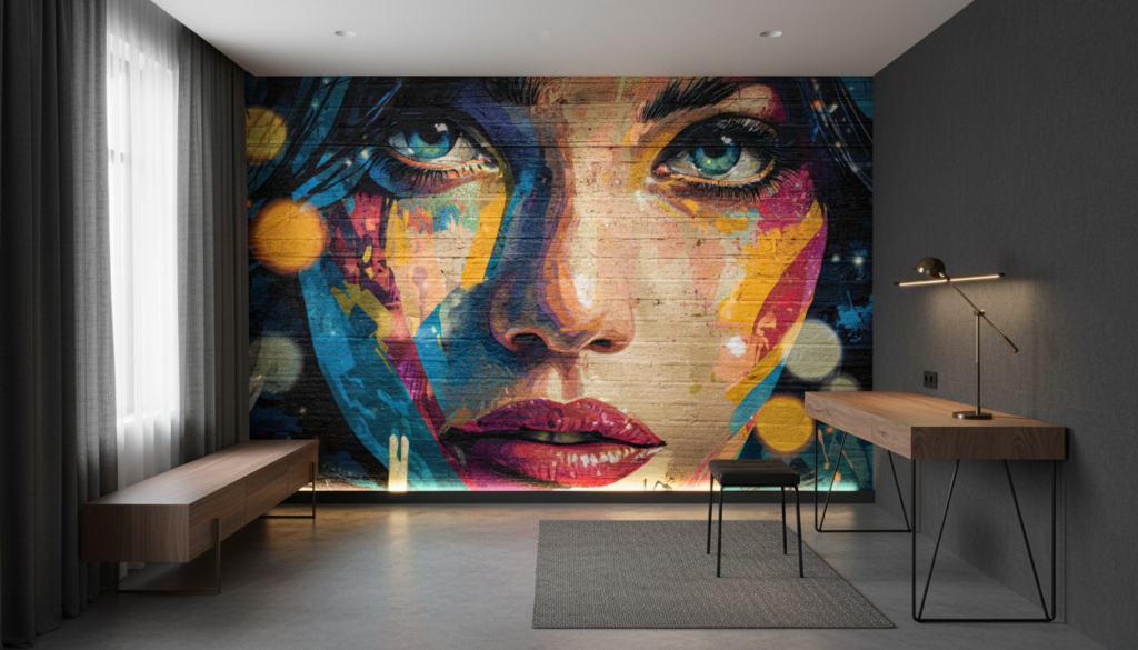 Papier Peint Street Art Portrait Femme Coloré Graffiti Urbain - Bureau