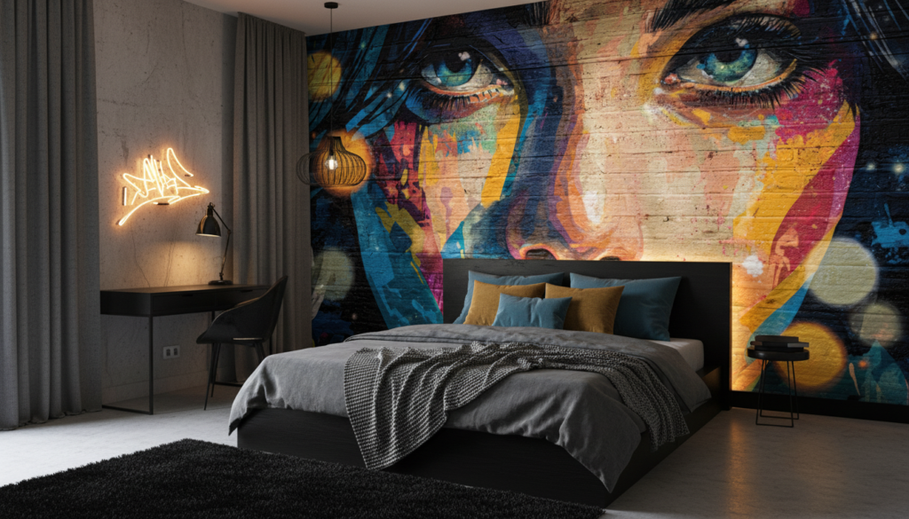 Papier Peint Street Art Portrait Femme Coloré Graffiti Urbain - Chambre ado