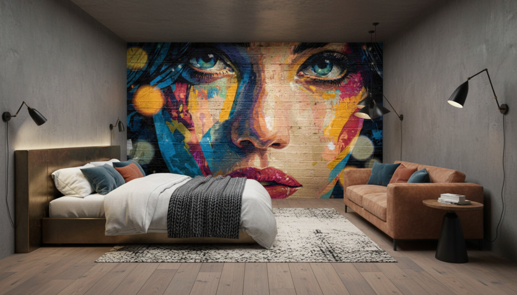 Papier Peint Street Art Portrait Femme Coloré Graffiti Urbain - Chambre adulte
