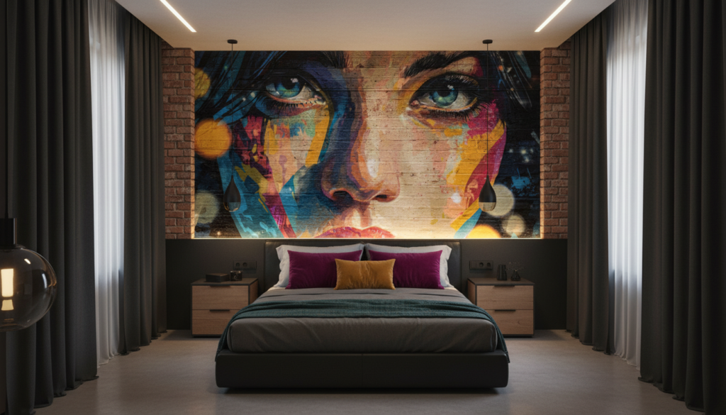 Papier Peint Street Art Portrait Femme Coloré Graffiti Urbain - Hôtel