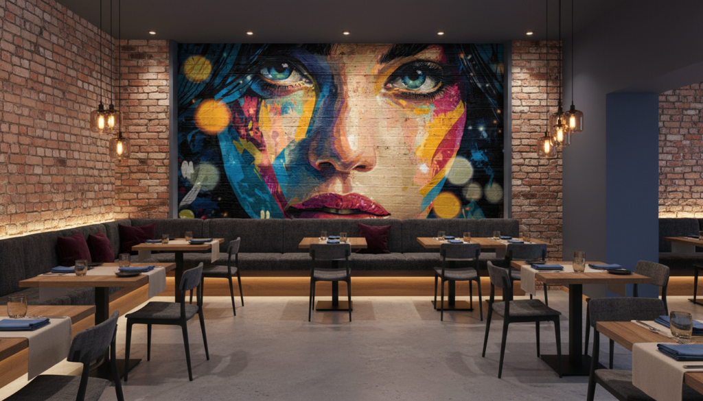 Papier Peint Street Art Portrait Femme Coloré Graffiti Urbain - Restaurant