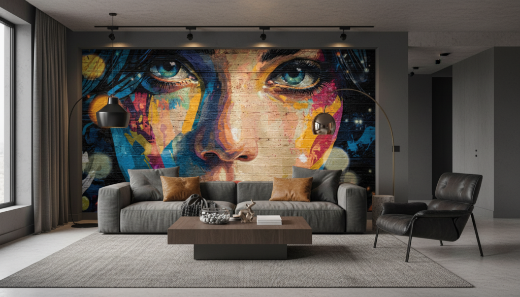 Papier Peint Street Art Portrait Femme Coloré Graffiti Urbain - Salon / Séjour