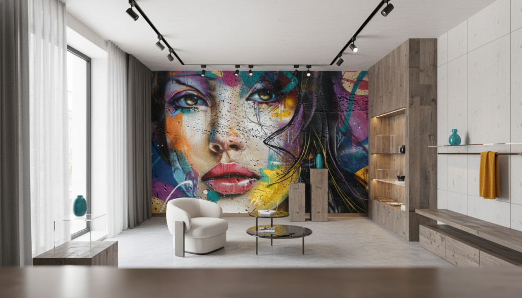 Papier Peint Street Art Portrait Femme Multicolore Graffiti Moderne - Boutique