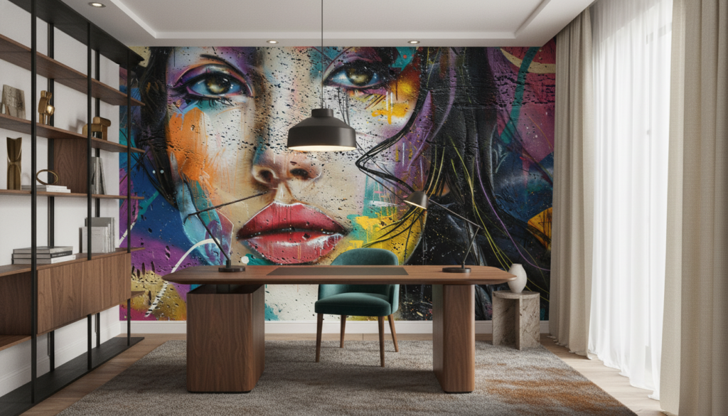 Papier Peint Street Art Portrait Femme Multicolore Graffiti Moderne - Bureau