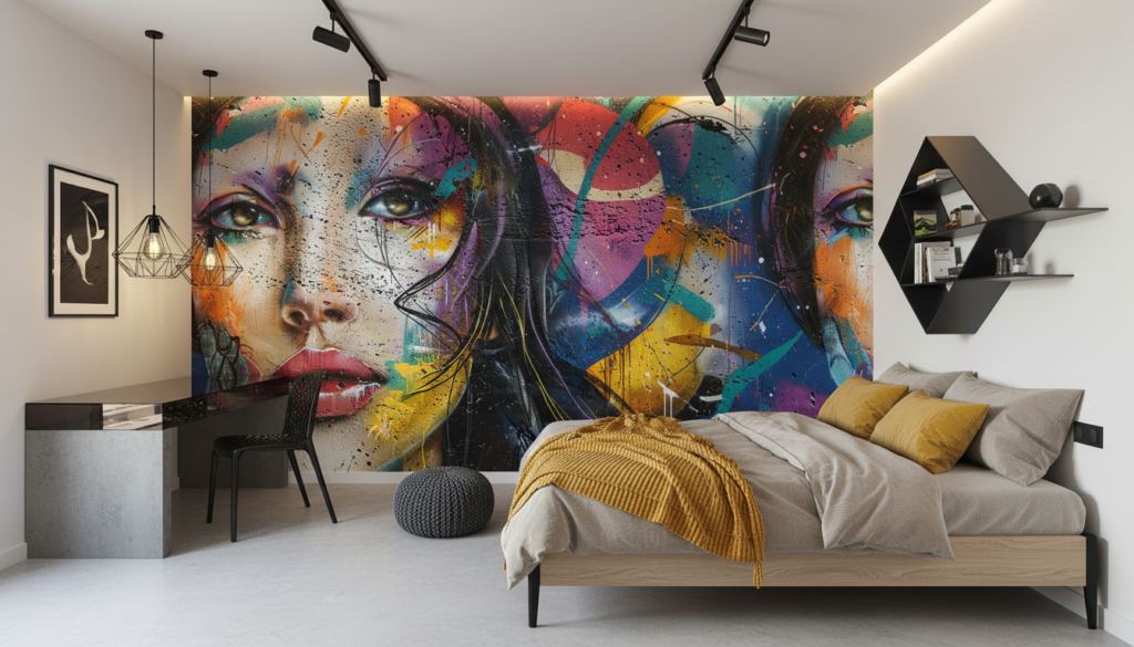 Papier Peint Street Art Portrait Femme Multicolore Graffiti Moderne - Chambre ado