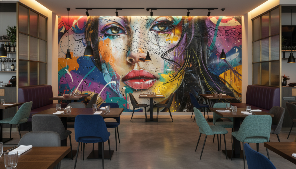 Papier Peint Street Art Portrait Femme Multicolore Graffiti Moderne - Restaurant