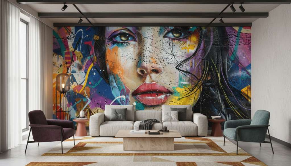 Papier Peint Street Art Portrait Femme Multicolore Graffiti Moderne - Salon / Séjour