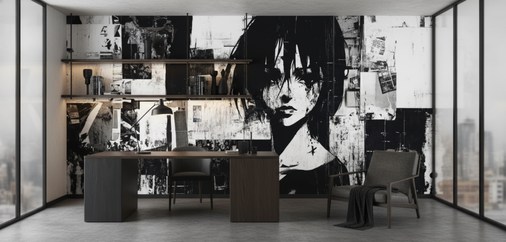 Papier Peint Street Art Portrait Noir et Blanc Urbain - Bureau