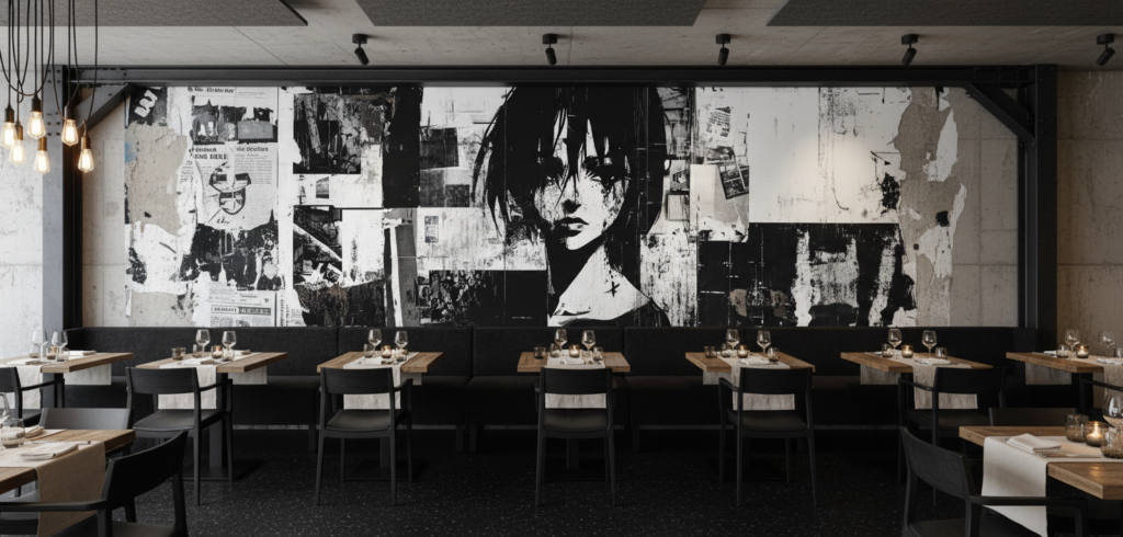Papier Peint Street Art Portrait Noir et Blanc Urbain - Restaurant