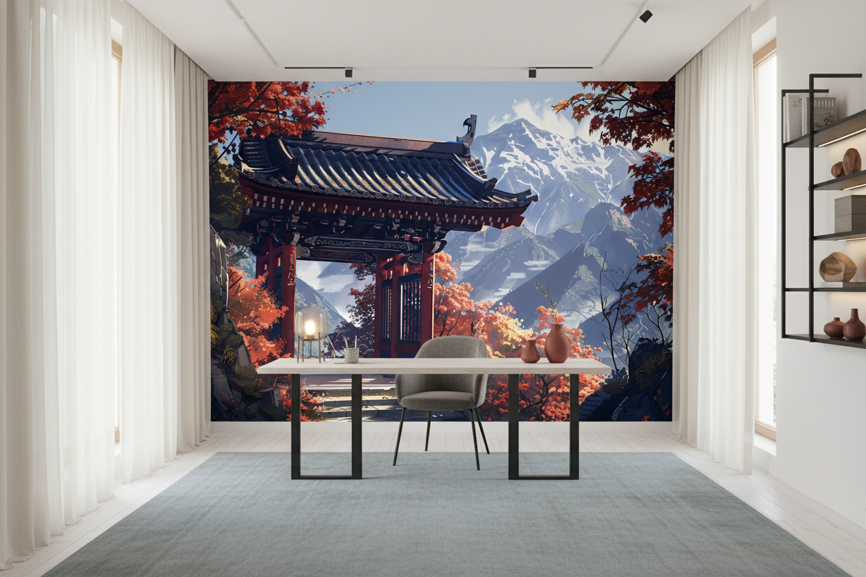 Papier peint temple japonais automne montagne paysage zen asiatique — Bureau