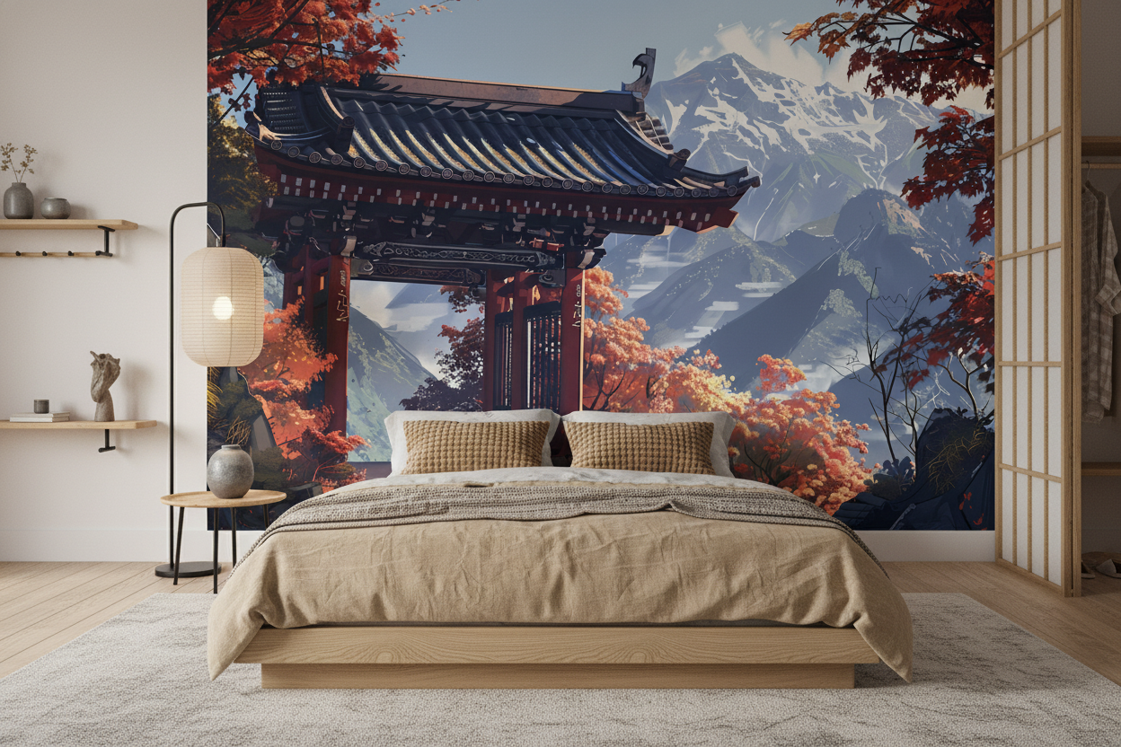 Papier peint temple japonais automne montagne paysage zen asiatique - Chambre adulte