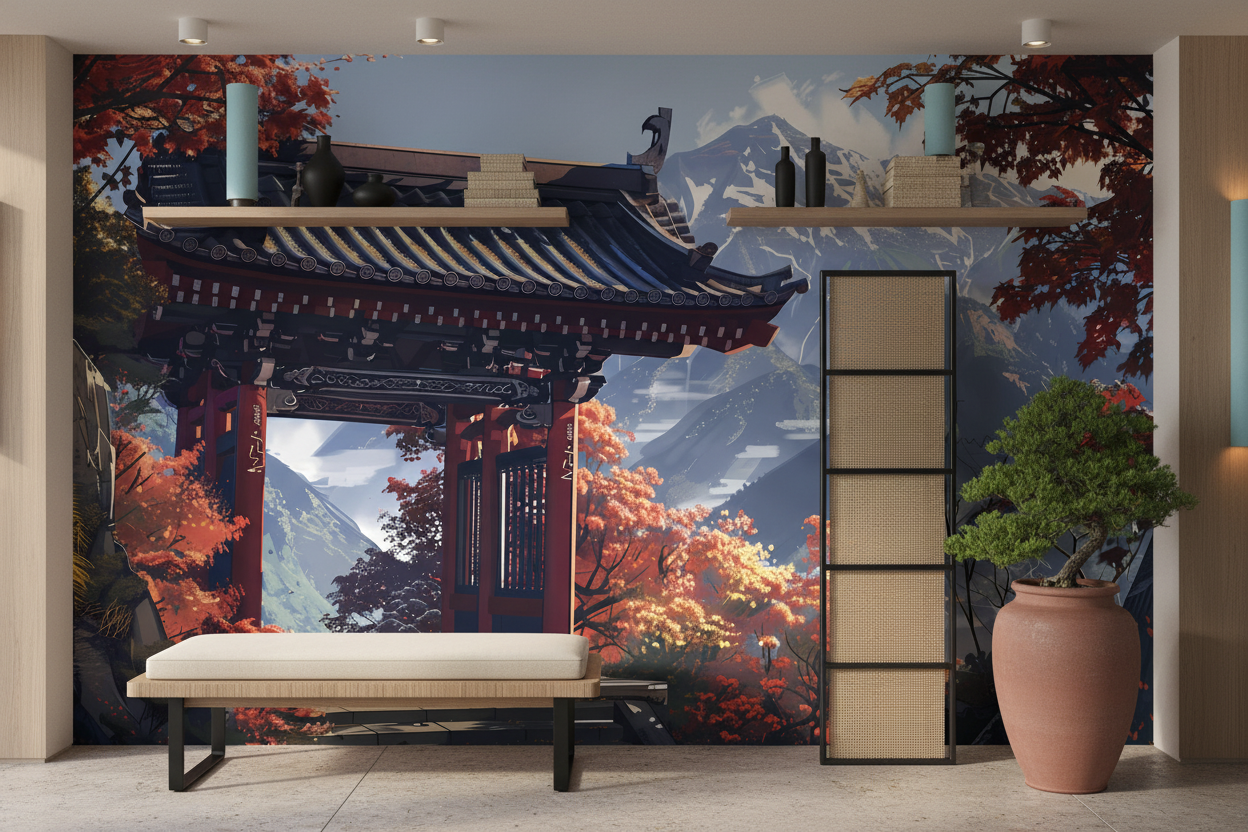 Papier peint temple japonais automne montagne paysage zen asiatique - Entrée