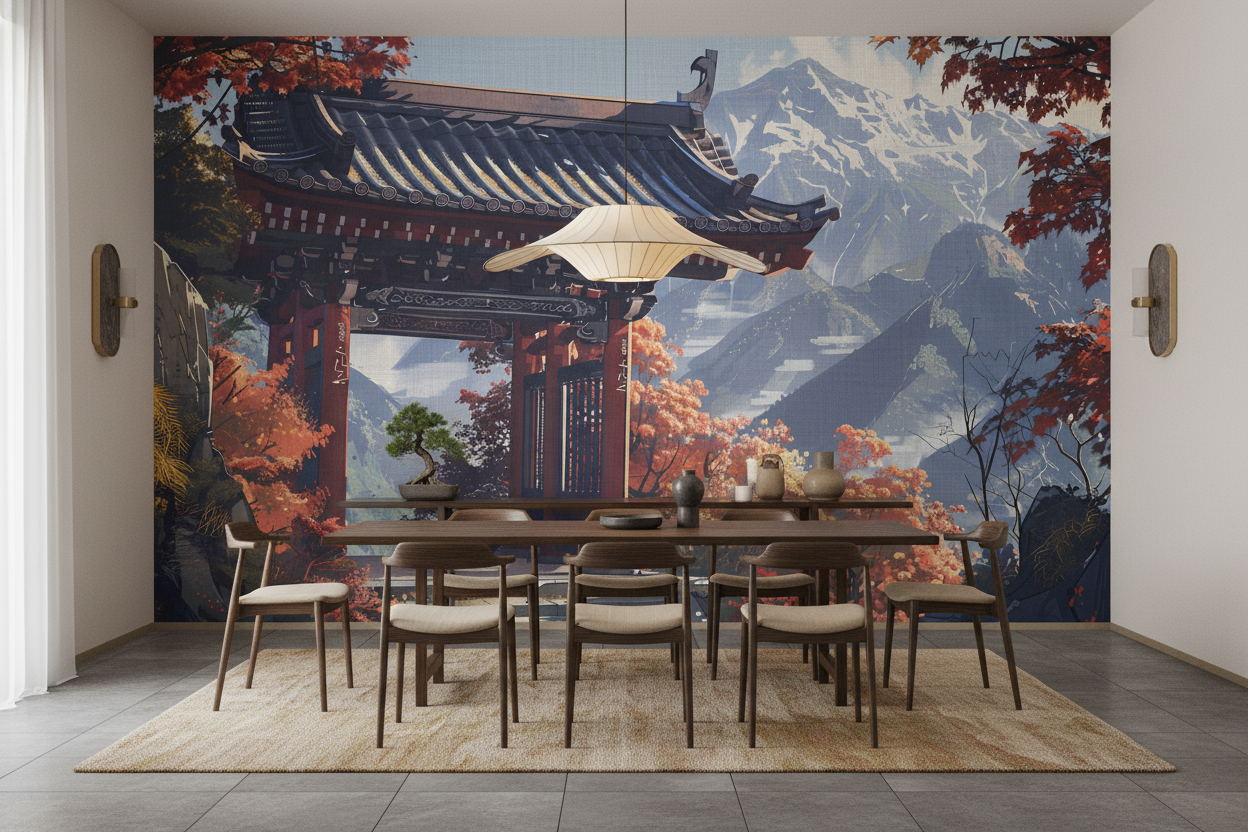 Papier peint temple japonais automne montagne paysage zen asiatique - Salle à manger