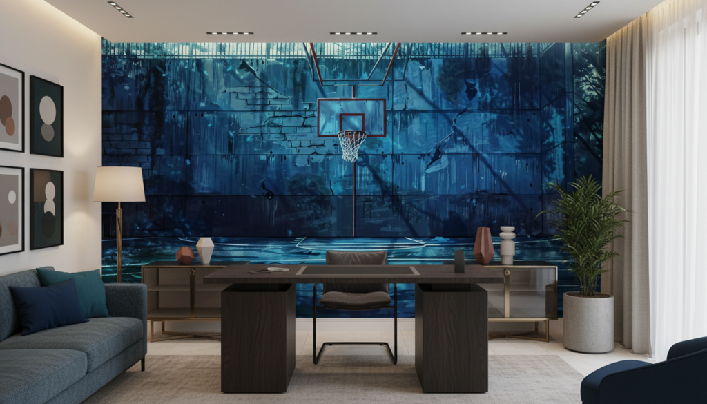 Papier Peint Terrain de Basketball Urbain Subaquatique Bleu - Bureau