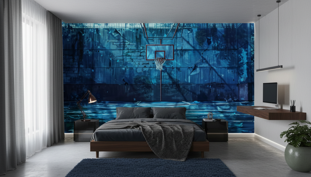Papier Peint Terrain de Basketball Urbain Subaquatique Bleu - Chambre ado