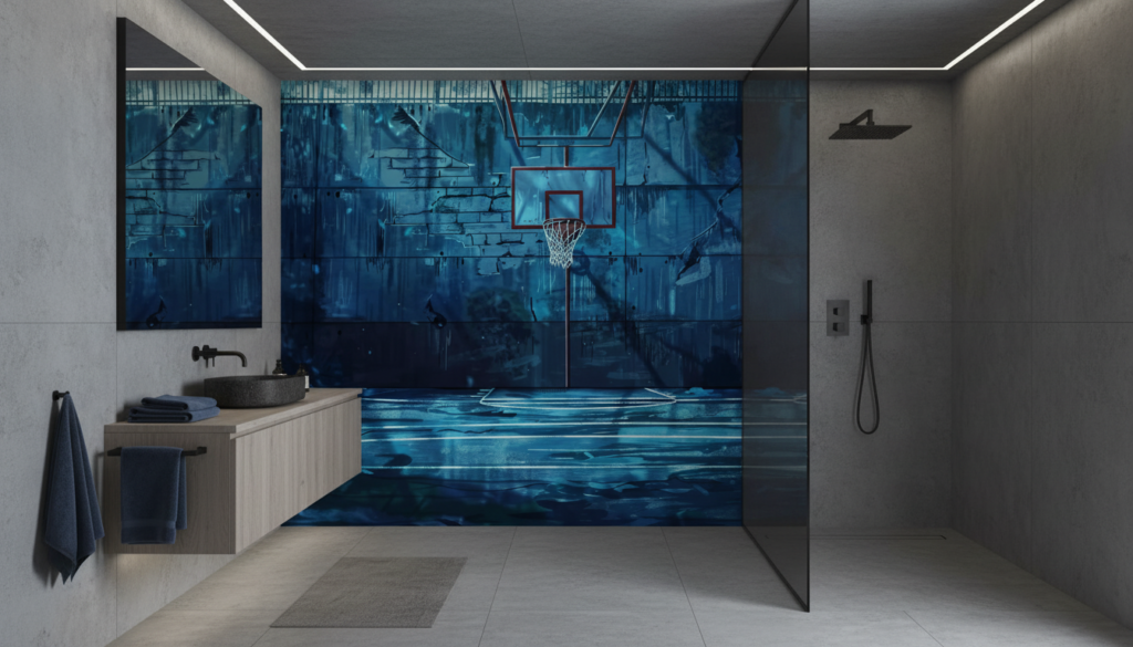 Papier Peint Terrain de Basketball Urbain Subaquatique Bleu - Salle de bain