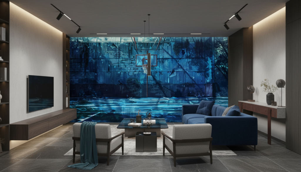 Papier Peint Terrain de Basketball Urbain Subaquatique Bleu - Salon / Séjour