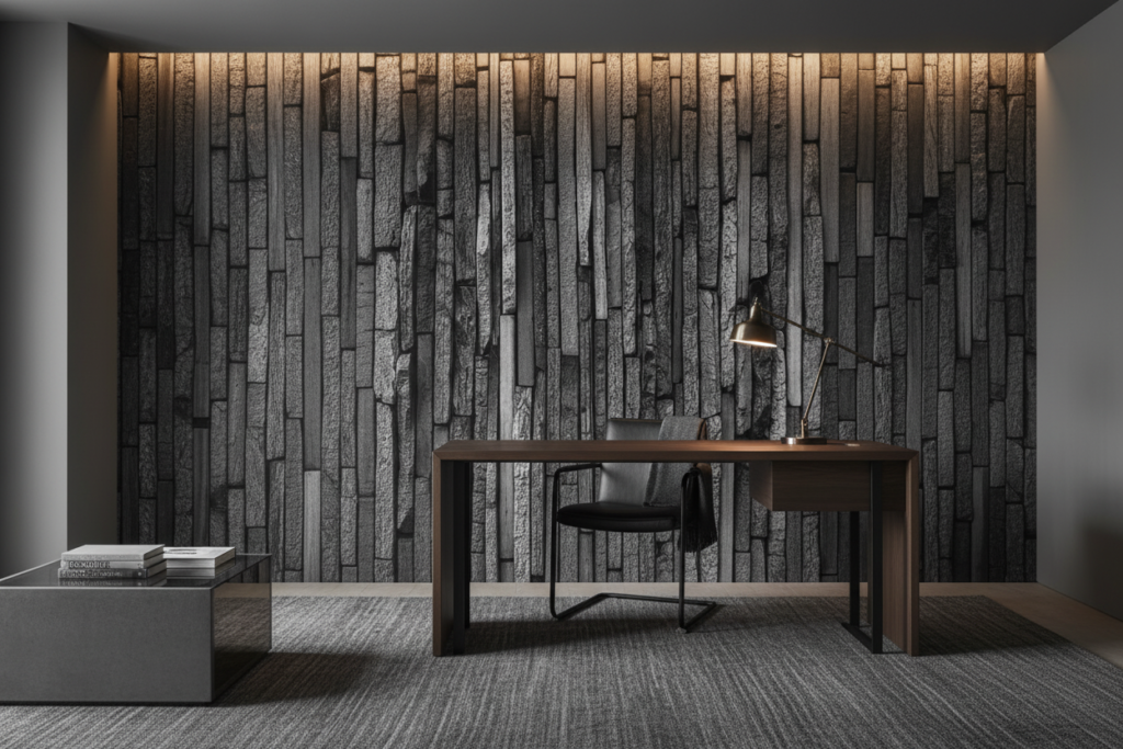 Papier Peint Texture Bois Brûlé Effet Relief Vertical Industriel - Bureau