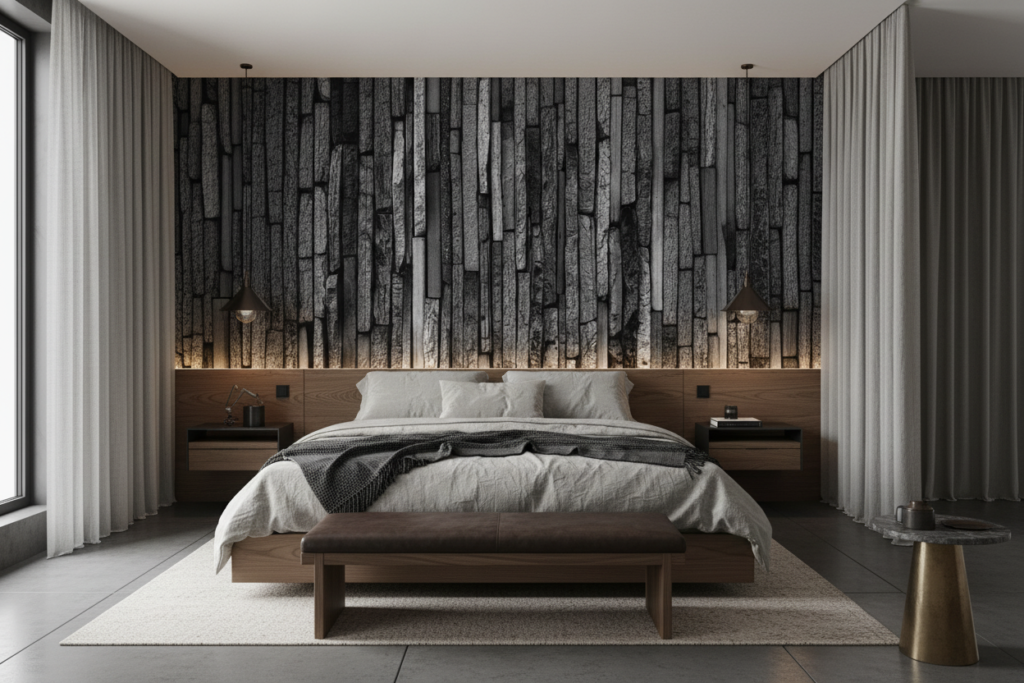 Papier Peint Texture Bois Brûlé Effet Relief Vertical Industriel - Chambre adulte