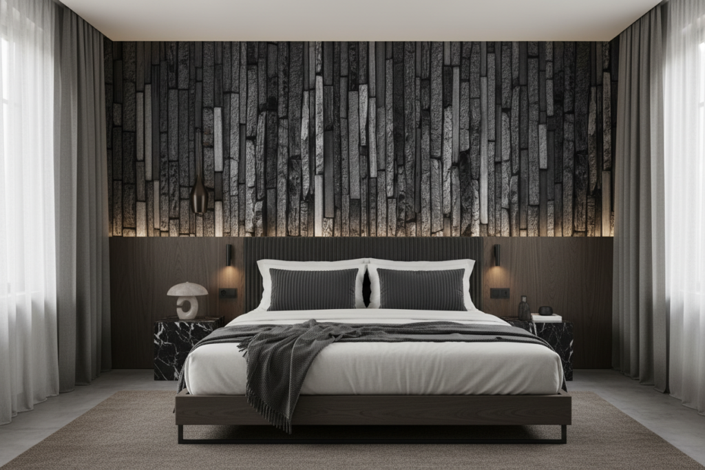 Papier Peint Texture Bois Brûlé Effet Relief Vertical Industriel - Hôtel