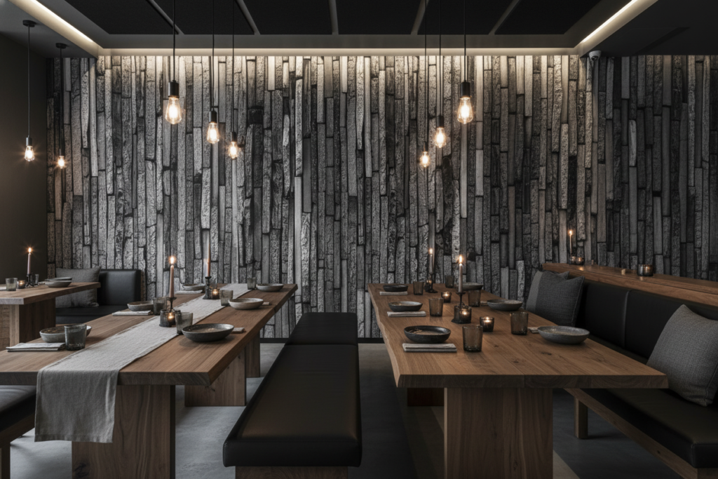 Papier Peint Texture Bois Brûlé Effet Relief Vertical Industriel - Restaurant