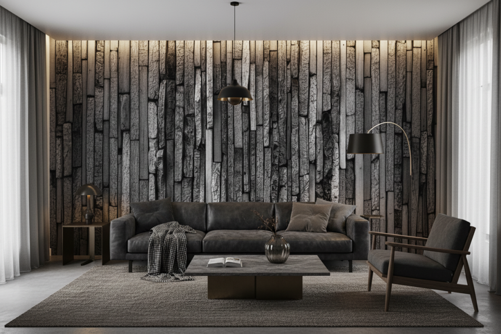 Papier Peint Texture Bois Brûlé Effet Relief Vertical Industriel - Salon / Séjour