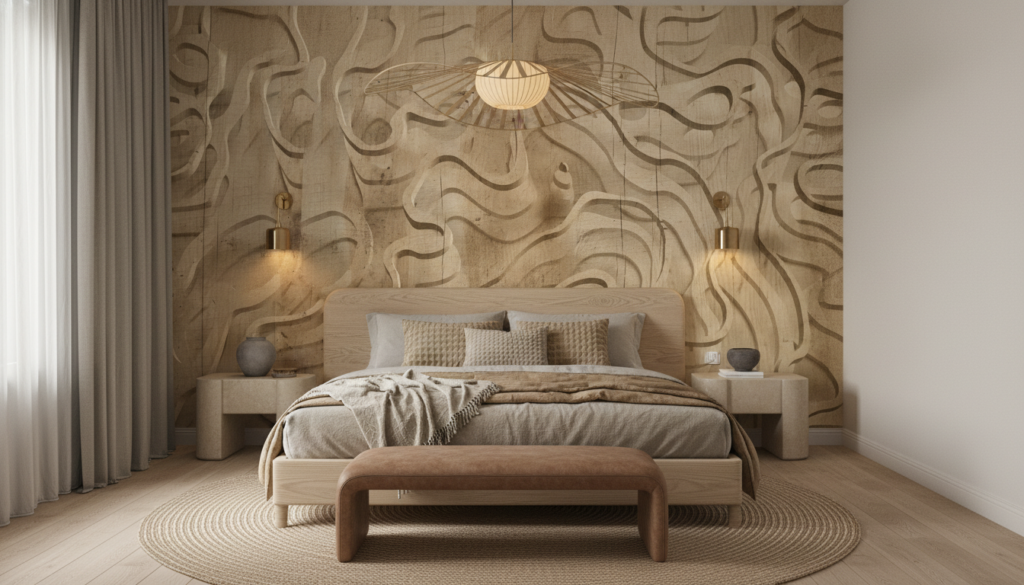 Papier peint texturé bois gravé motifs organiques fluides naturels - Chambre adulte