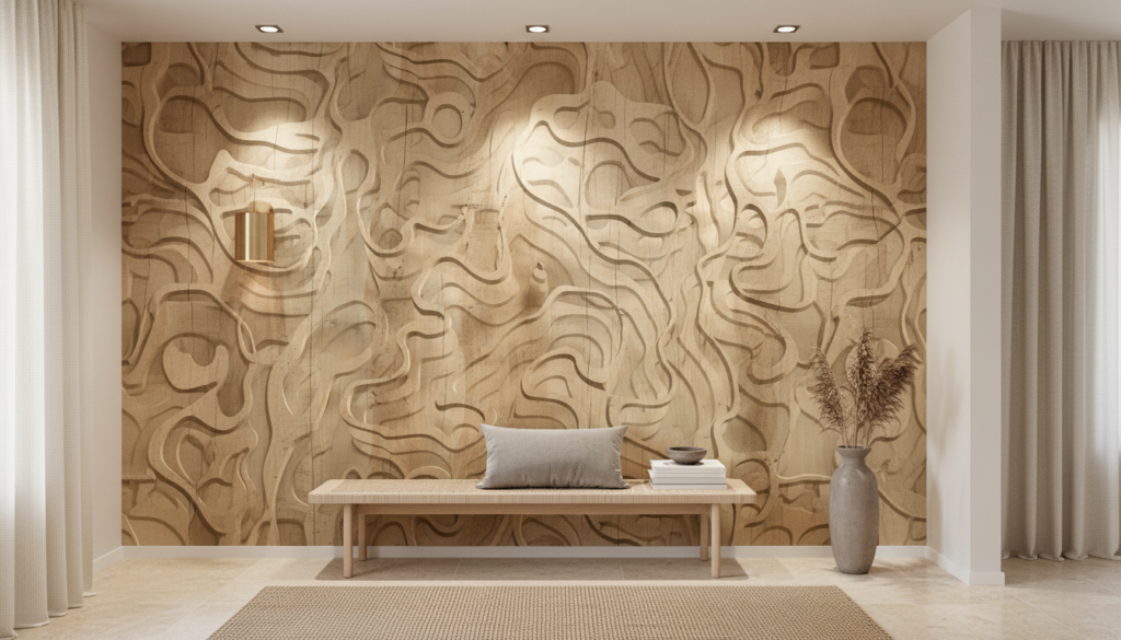 Papier peint texturé bois gravé motifs organiques fluides naturels - Entrée