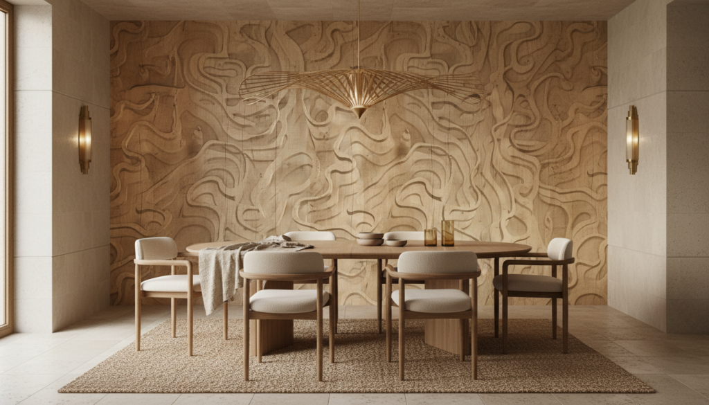 Papier peint texturé bois gravé motifs organiques fluides naturels - Salle à manger