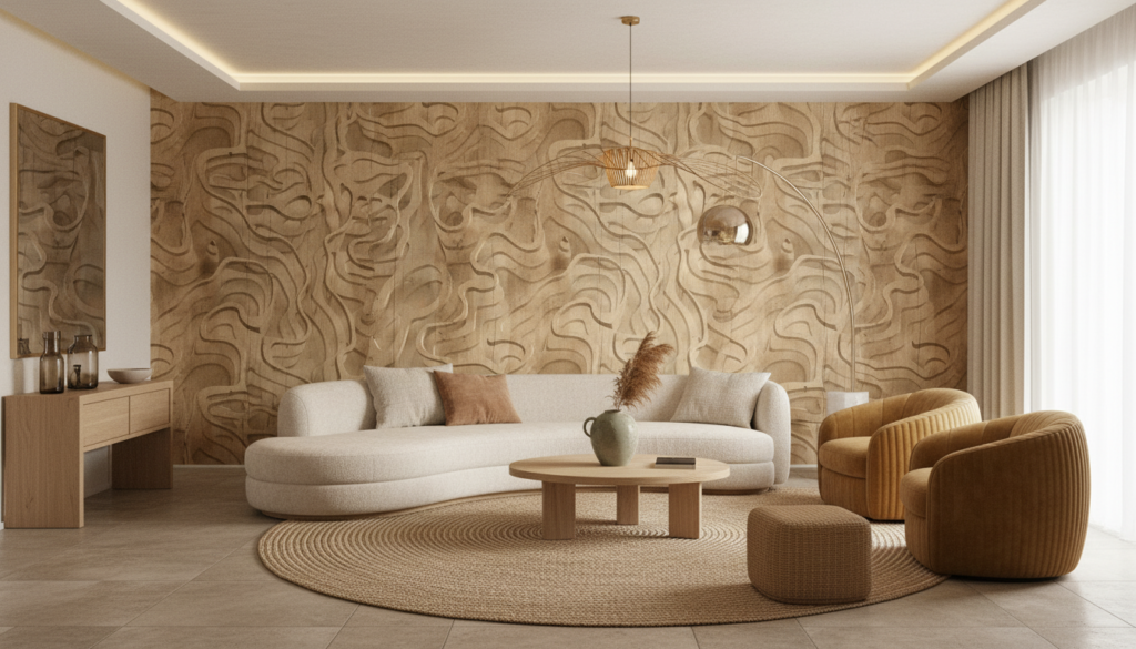 Papier peint texturé bois gravé motifs organiques fluides naturels - Salon / Séjour