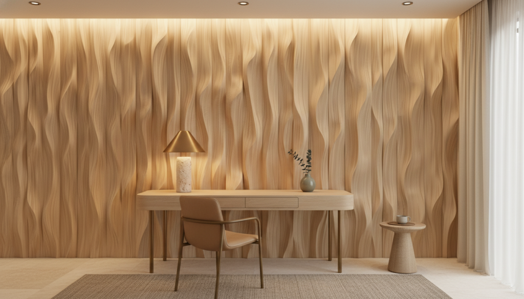 Papier Peint Texture Bois Naturel Ondulé Beige Crème - Bureau